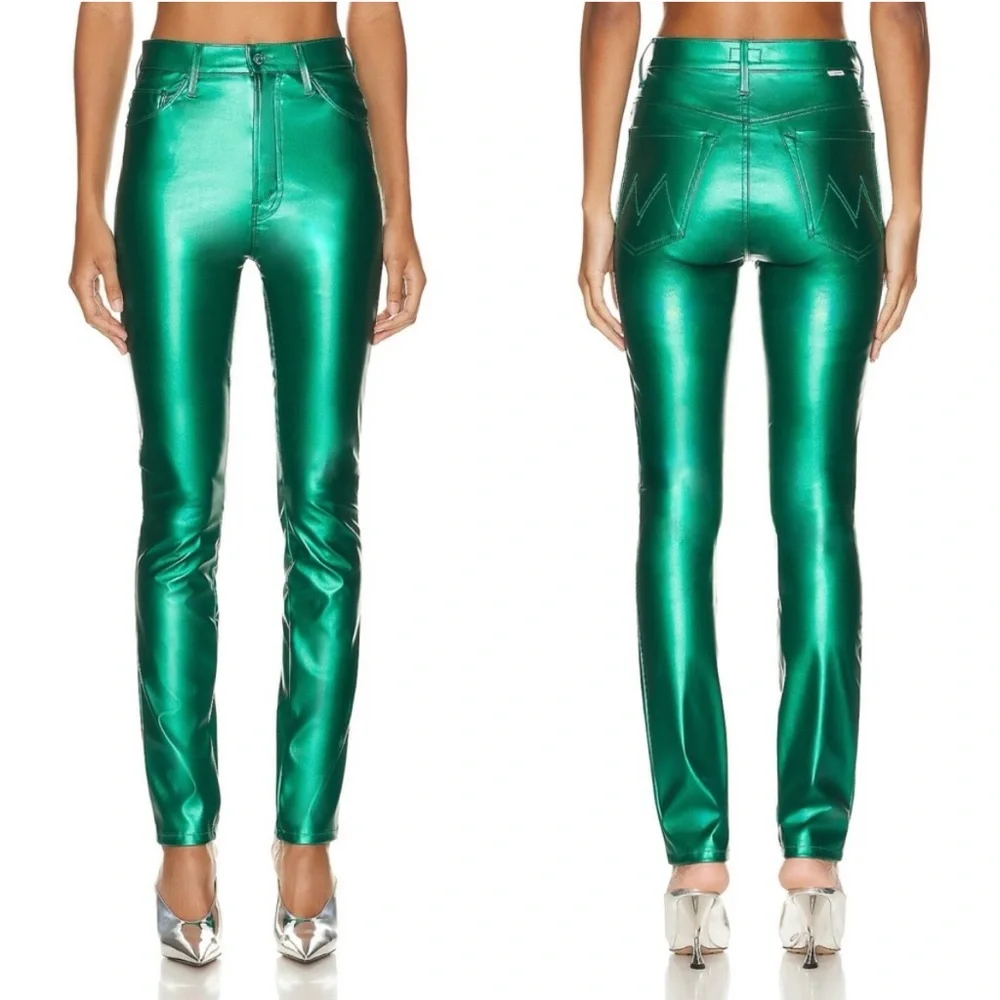 NWT MOTHER Rails Skimp High-waisted Shiny Green Faux Leather Pants - sz 30 -$228 - Picture 7 of 8
